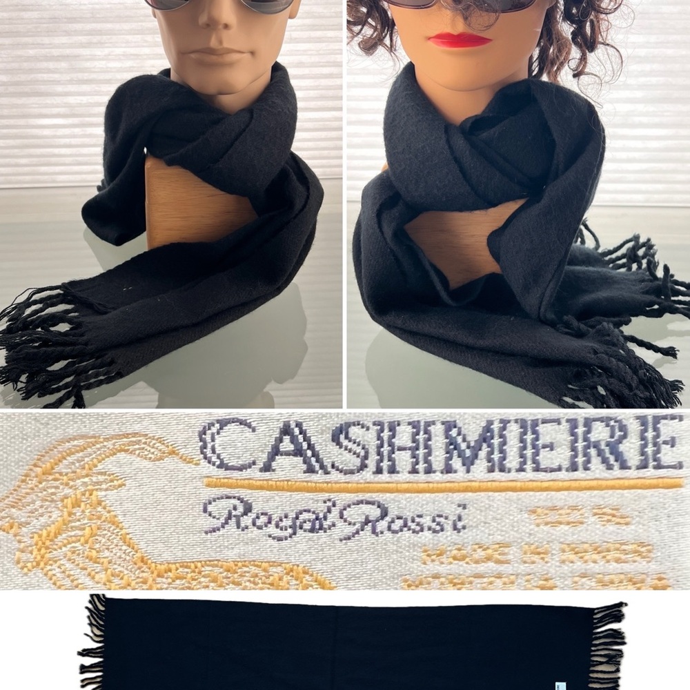 🇲🇳 Shorter Length Black Fringed Cashmere Scarf Inner Mongolia Regal Rossi